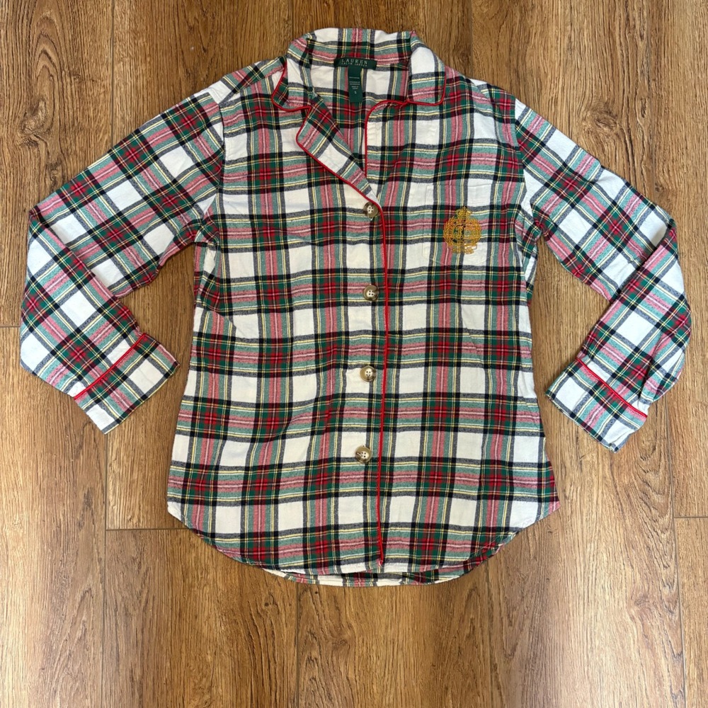 Lauren Ralph Lauren Womens Plaid Flannel Pajama Top Red Green Crest Small Cozy